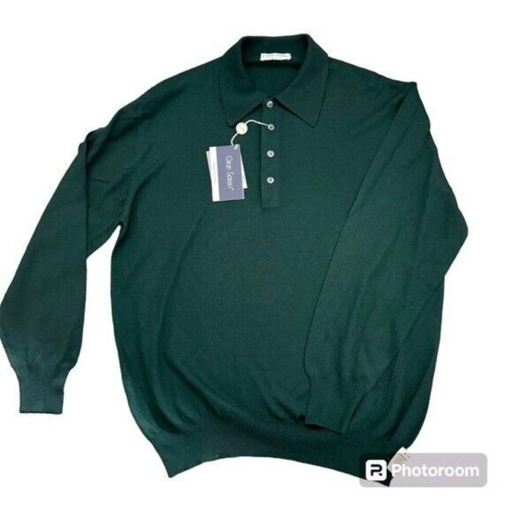 Gran Sasso Green Virgin Wool Knit Polo Sweater Sz L NEW